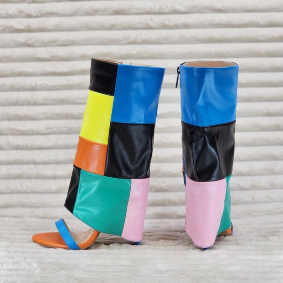 Paris Color Block Stiletto Fold Over Skirted Shootie Boot Sandals - Picture 6 of 15